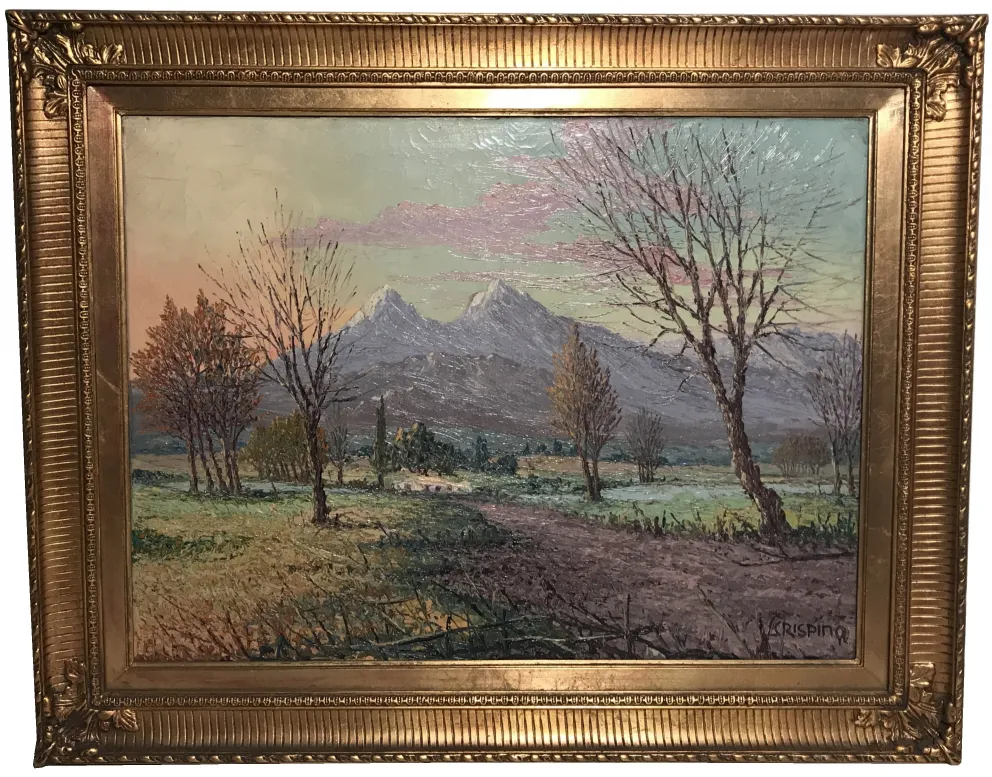 antico dipinto crispino con paesaggio montano e alberi