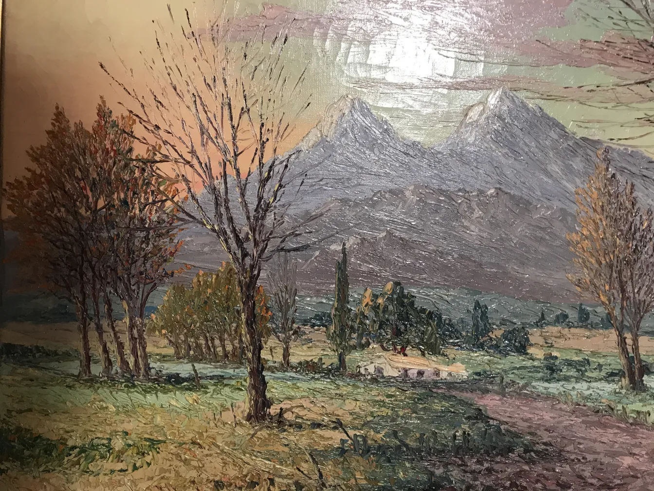 pintura antigua de paisajes con árboles y montañas