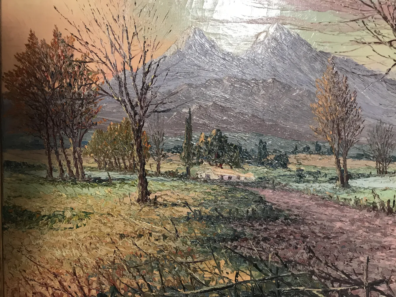 antique painting featuring mountains and trees