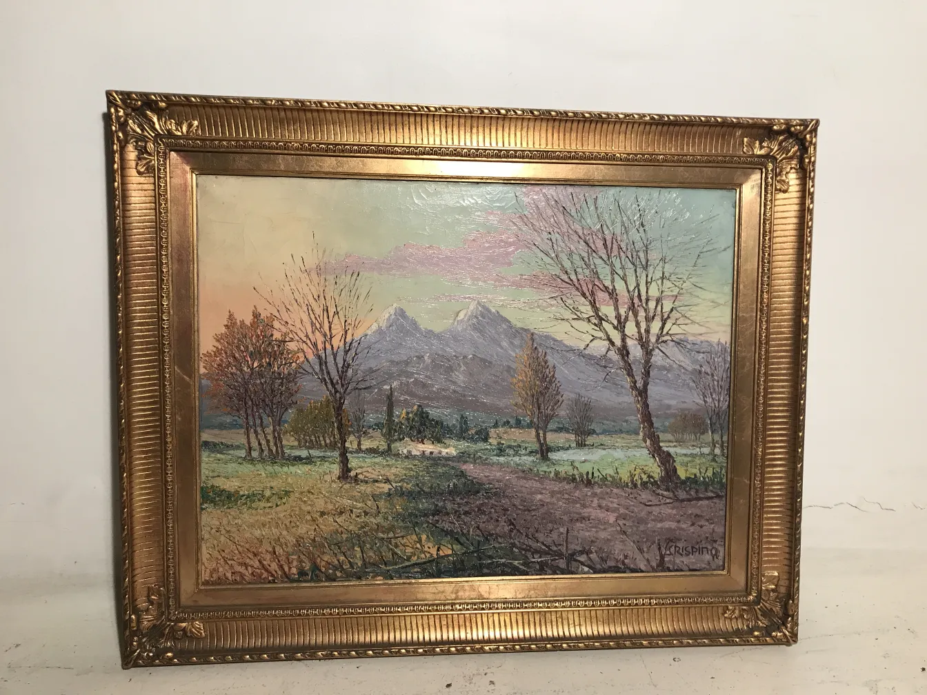 antike gemälde crispino mit berglandschaft und bäumen