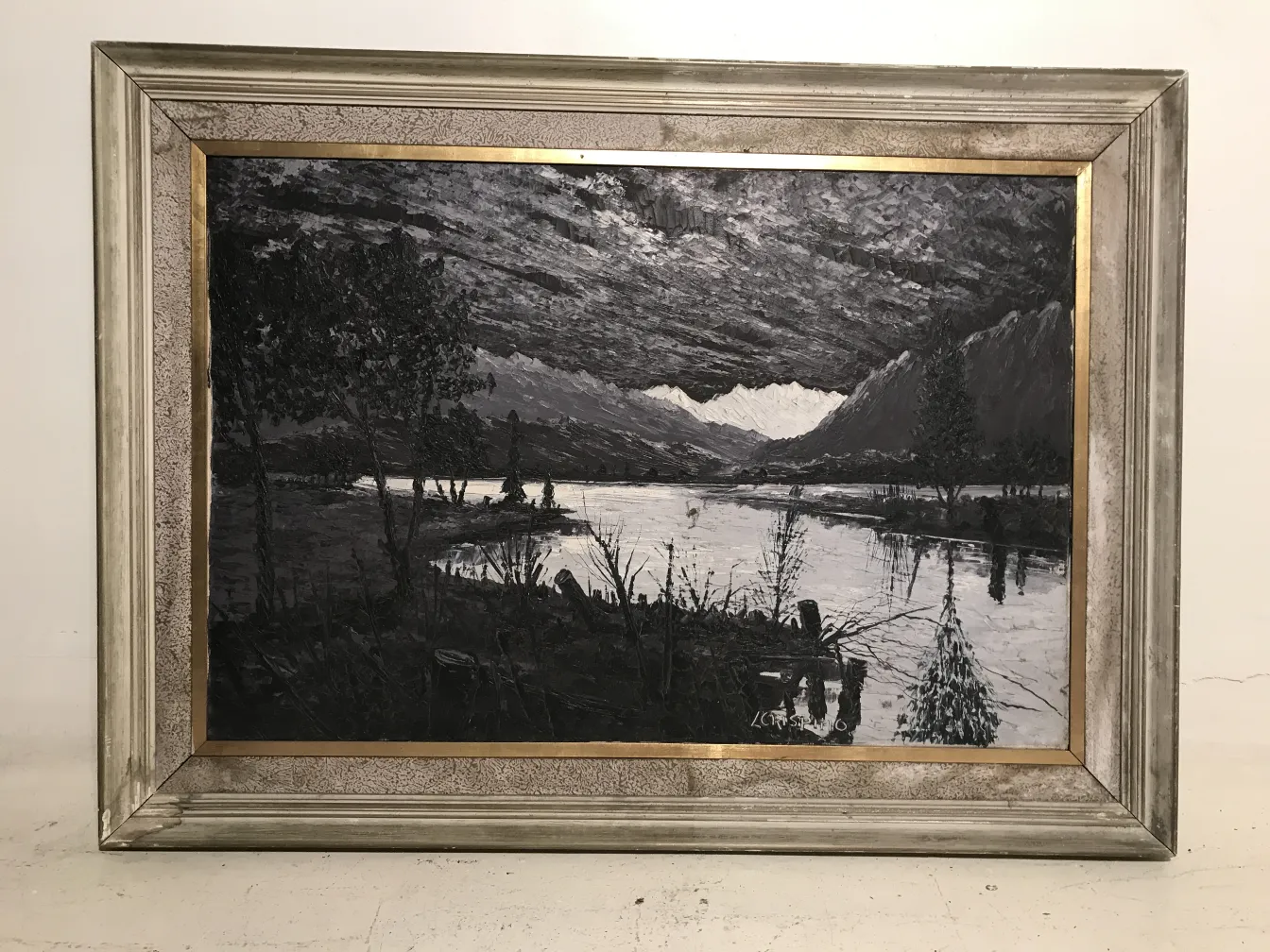 peinture ancienne Crispino d'un paysage avec des arbres et de l'eau