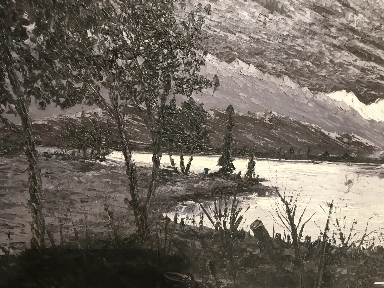 peinture antique Crispino de paysage naturel en tons sombres.