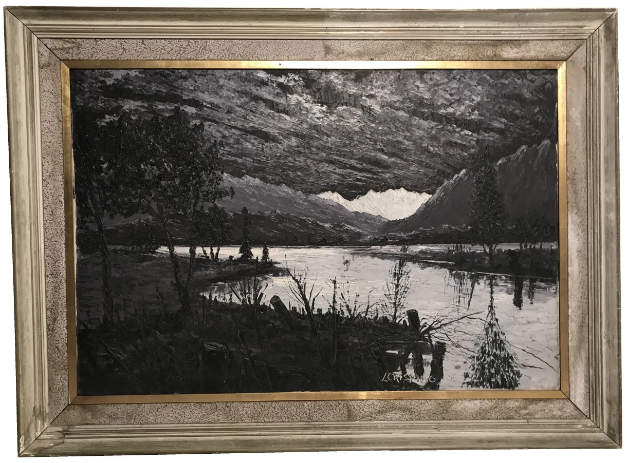 Peinture Crispino d'un paysage en tons sombres avec un lac