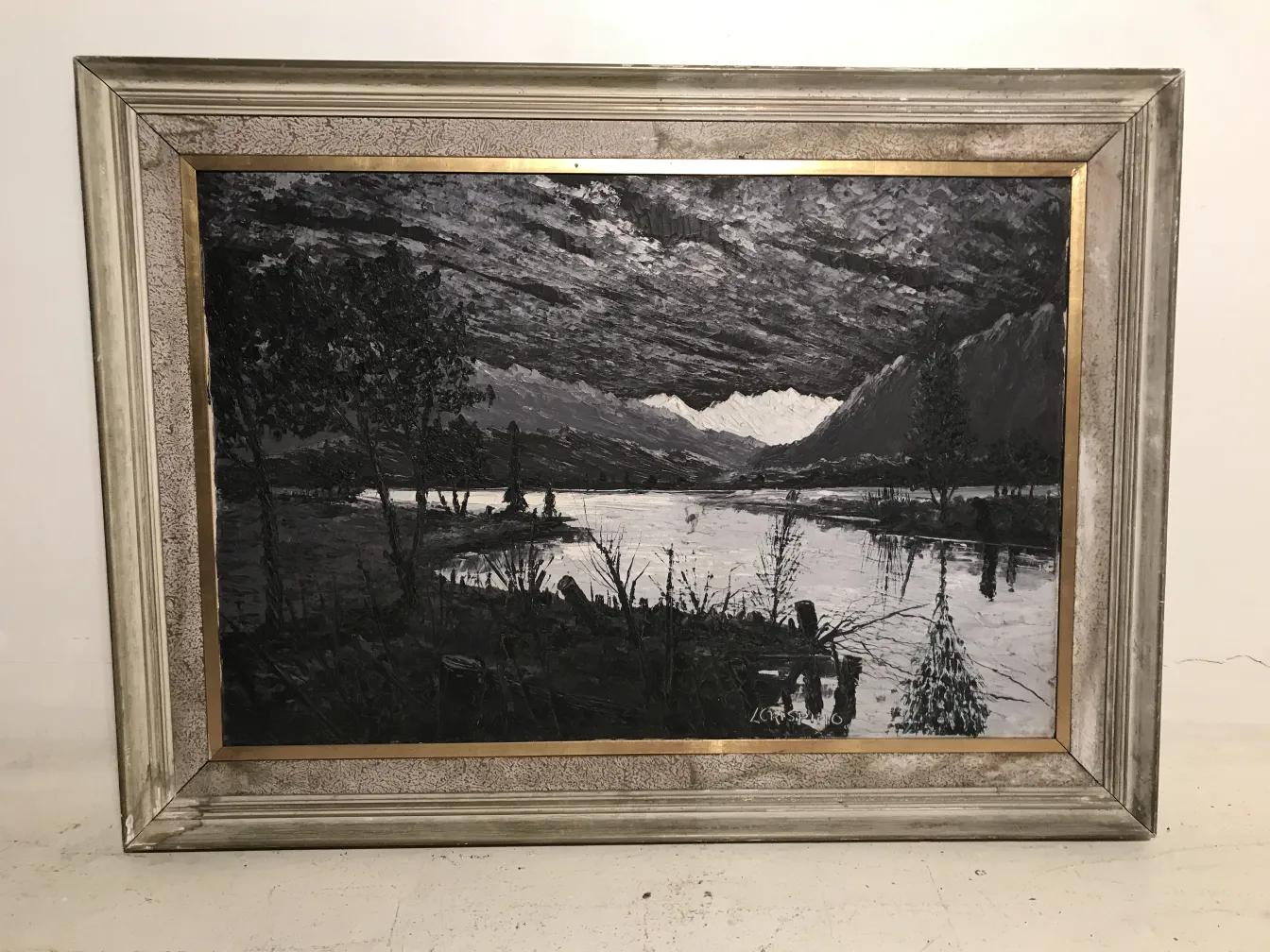 crispino gemälde in dunklen tönen von see und bergen