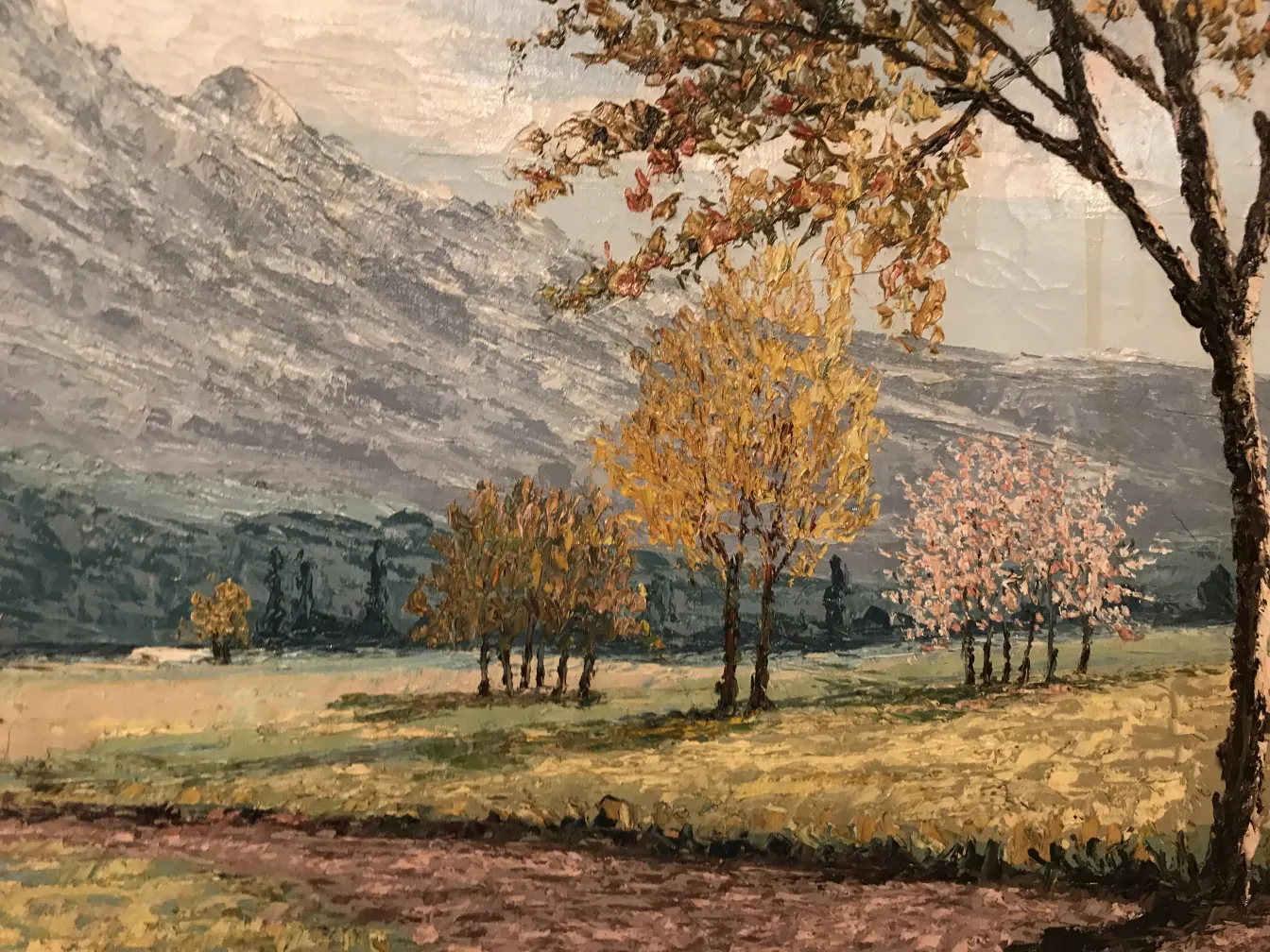 pintura de paisagem de outono com árvores amarelas e rosas