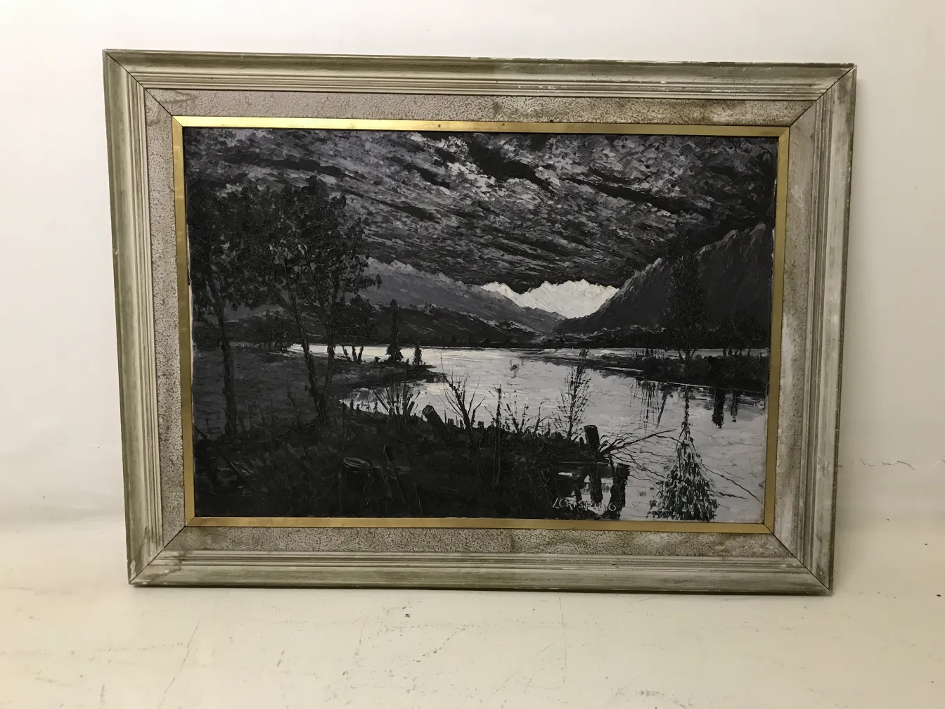 绘画 Crispino 展示湖泊场景和乌云，古董。