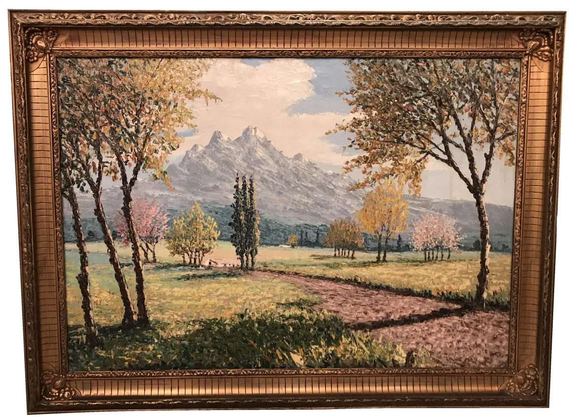 Dipinto antico Crispino con paesaggio montano e alberi autunnali.