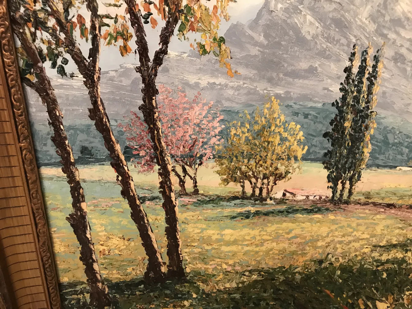 antique painting crispino featuring colorful trees