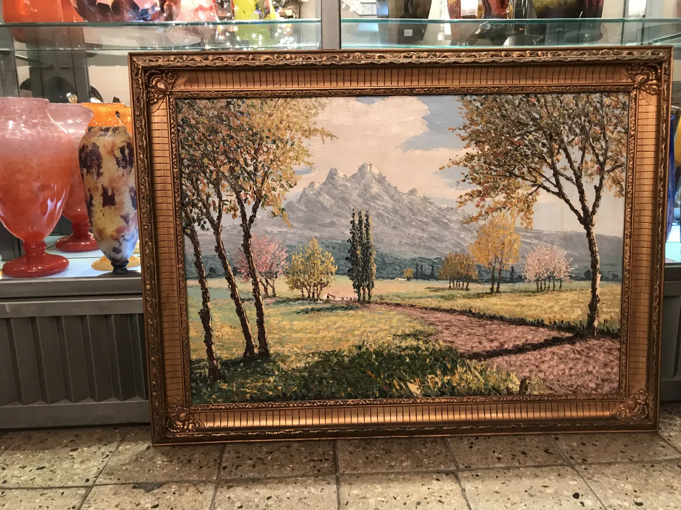 Antique Crispino painting featuring a countryside landscape