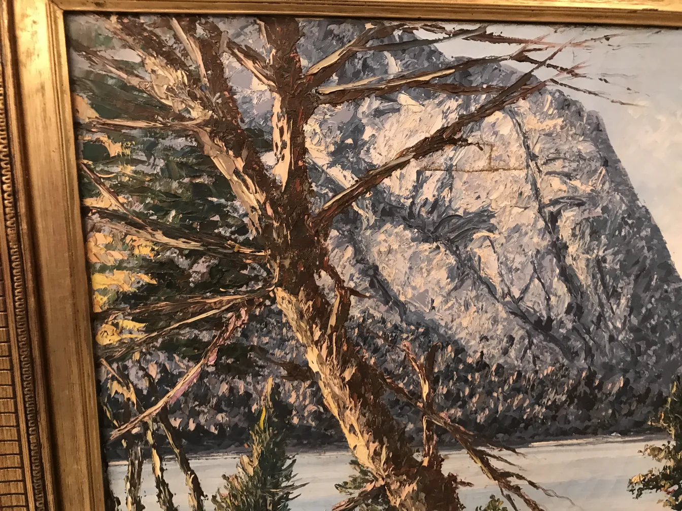 antigua pintura crispino de paisaje con árboles y montañas