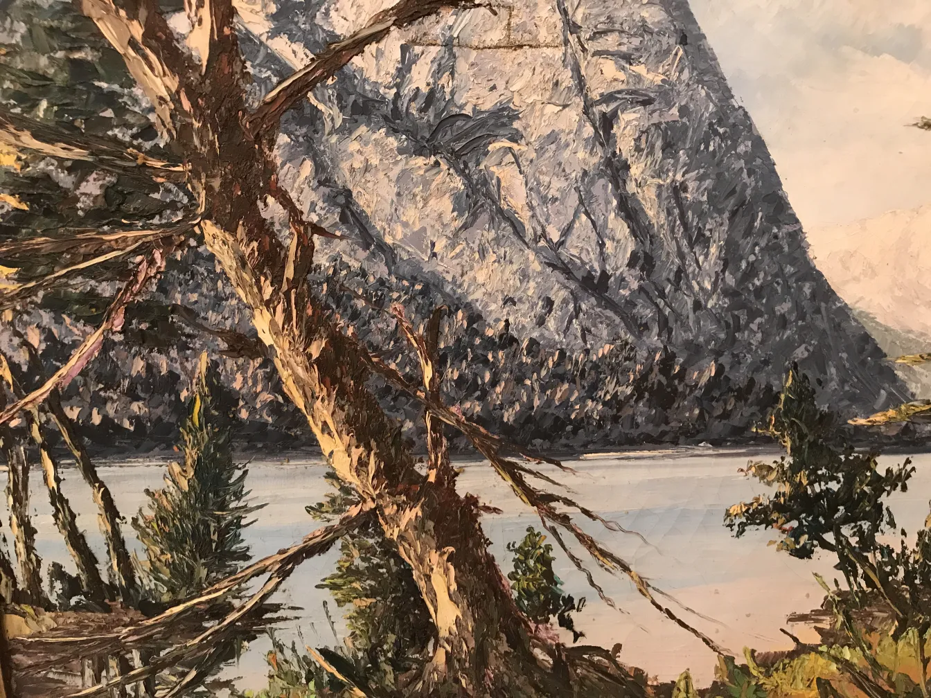 Pintura Crispino muestra un hermoso paisaje natural con un árbol y montañas