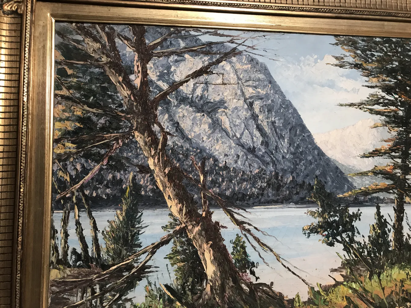 antikes gemälde crispino mit landschaft und bergen im hintergrund