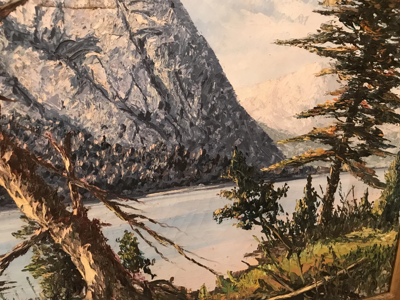 Pintura Crispino antigüedad con paisaje montañoso y vegetación