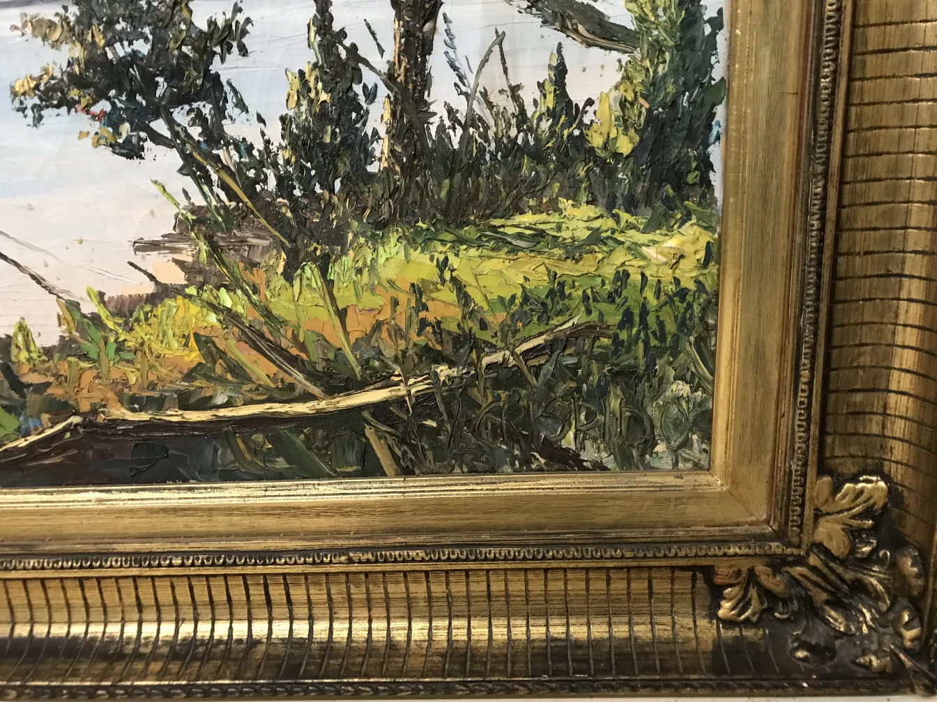 Peinture Crispino de paysage avec végétation et cadre ancien.