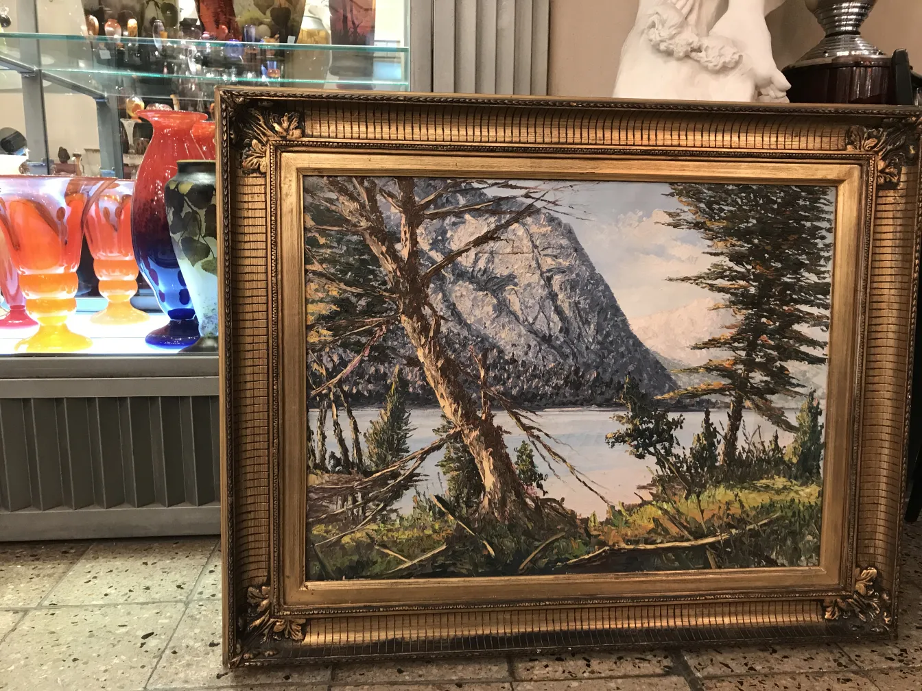 绘画 Crispino 展示自然风光，金色框架。