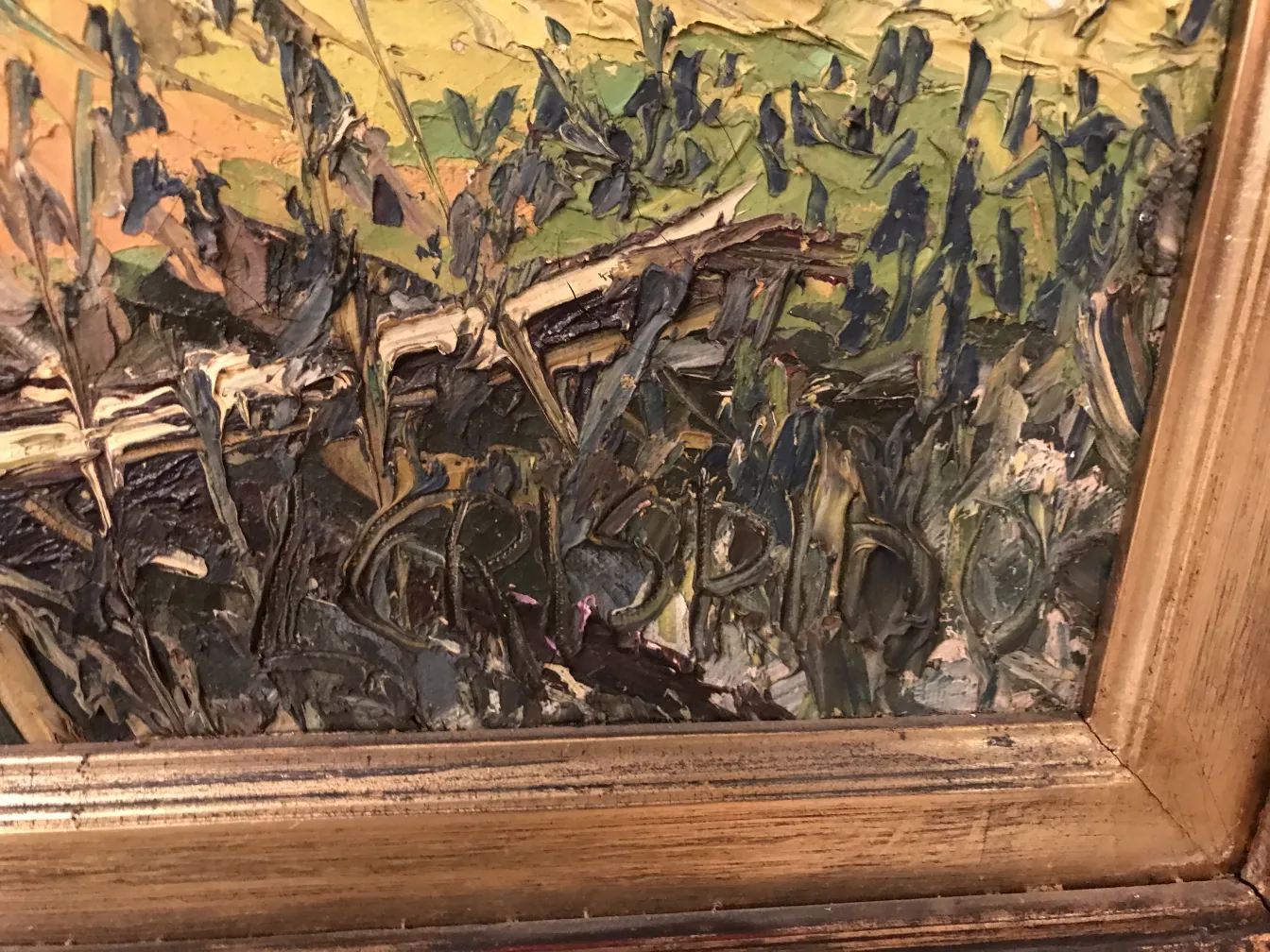 pintura antigua con tonos verdes y elementos naturales