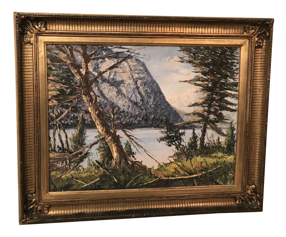 Antique painting Crispino, featuring natural landscapes and trees