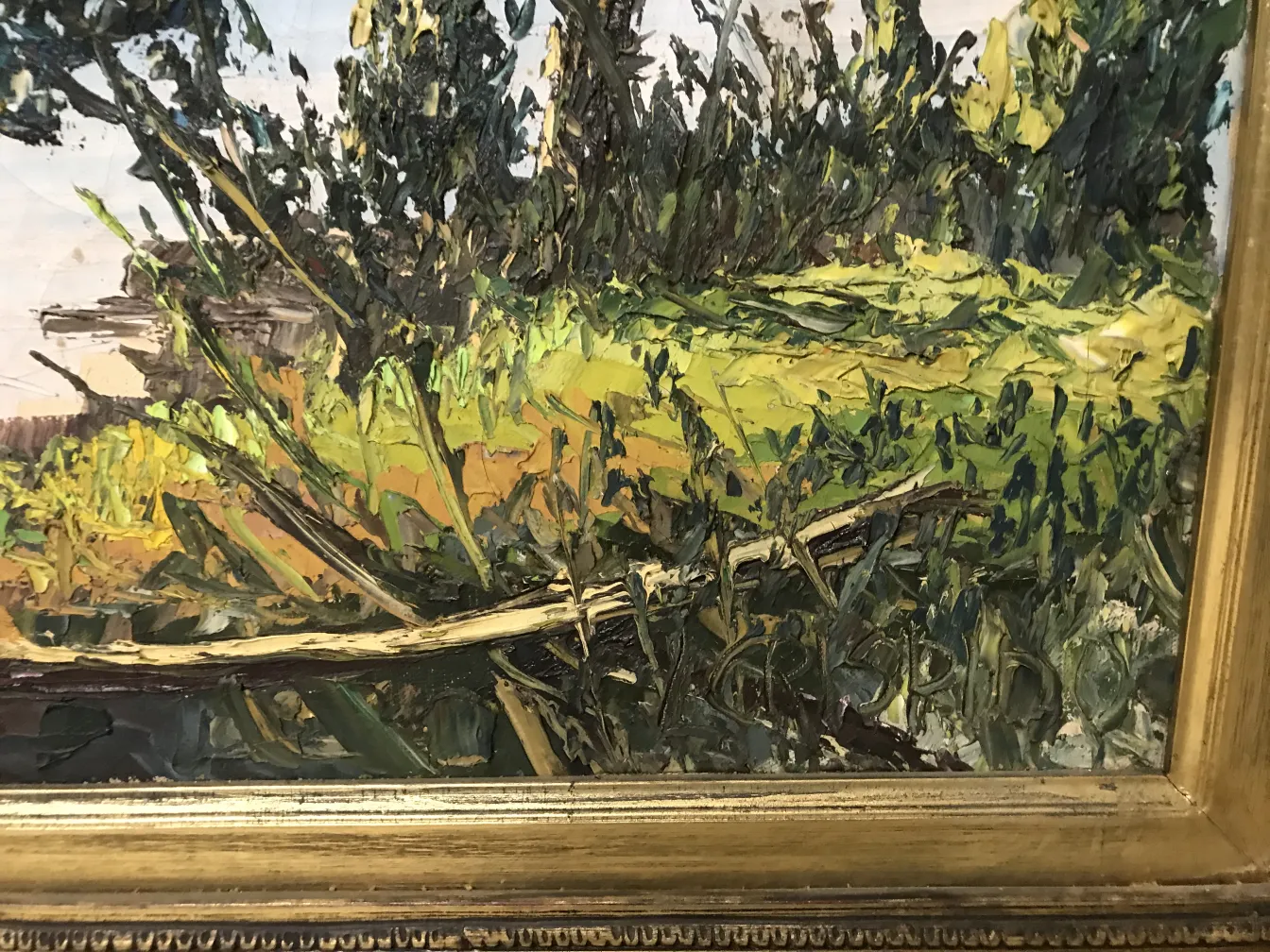 Dipinto antico Crispino con paesaggio verde e dorato