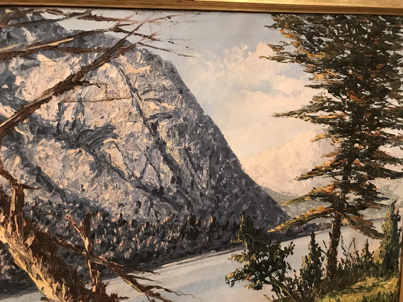 Antique Painting Crispino of a mountainous landscape with trees.