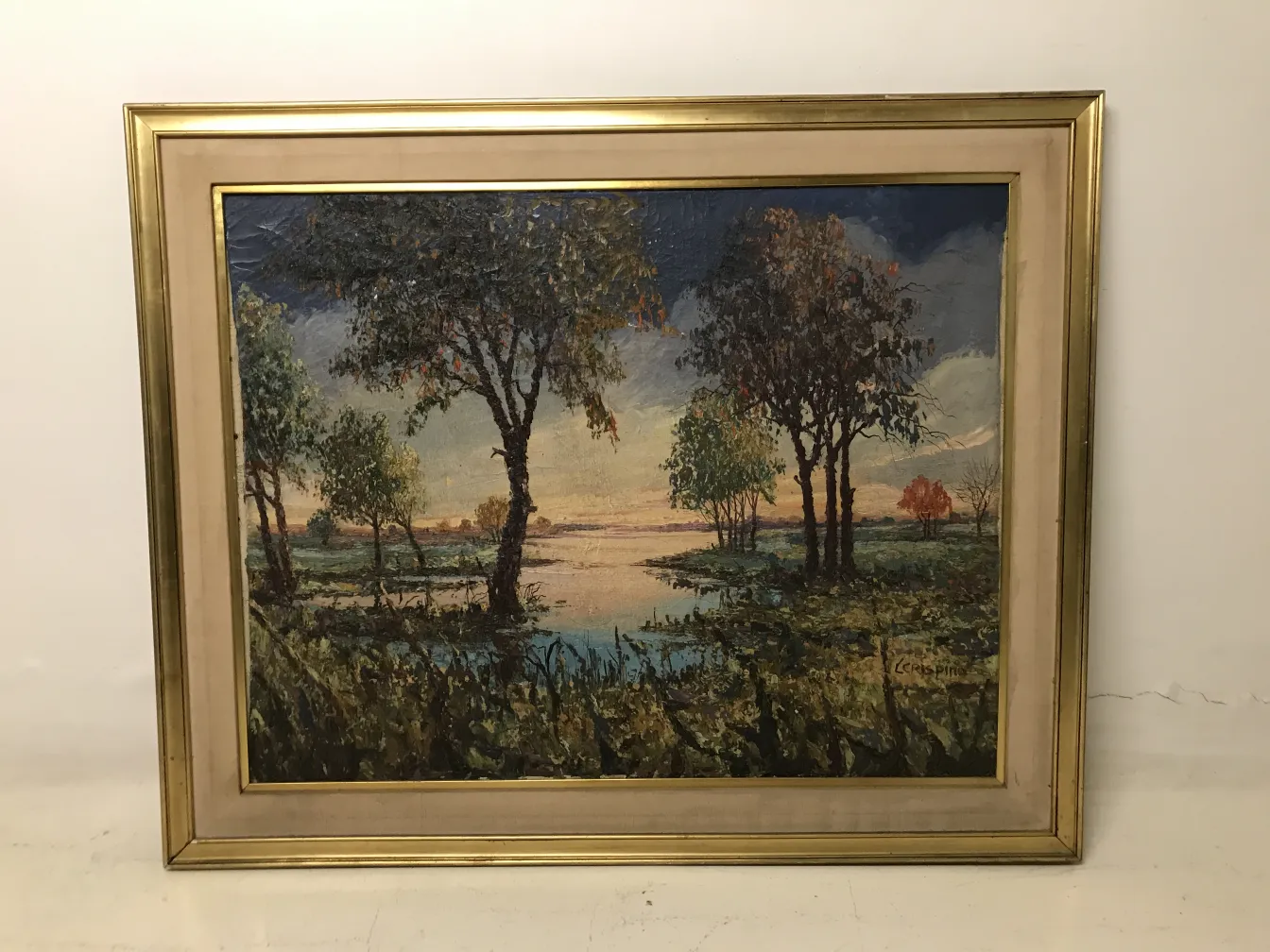 pintura antigua Crispino con paisajes y árboles