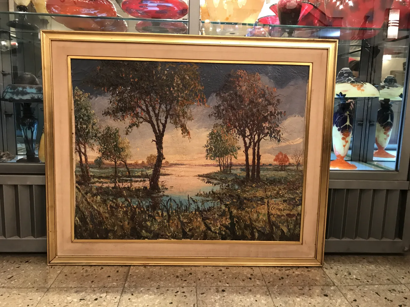antique painting crispino featuring trees and water