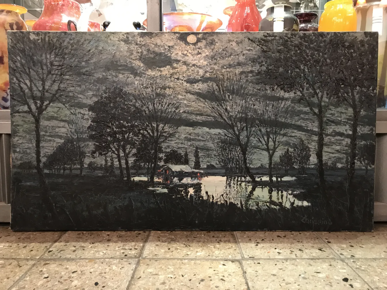 古い絵画には自然のシーンと木々が描かれています