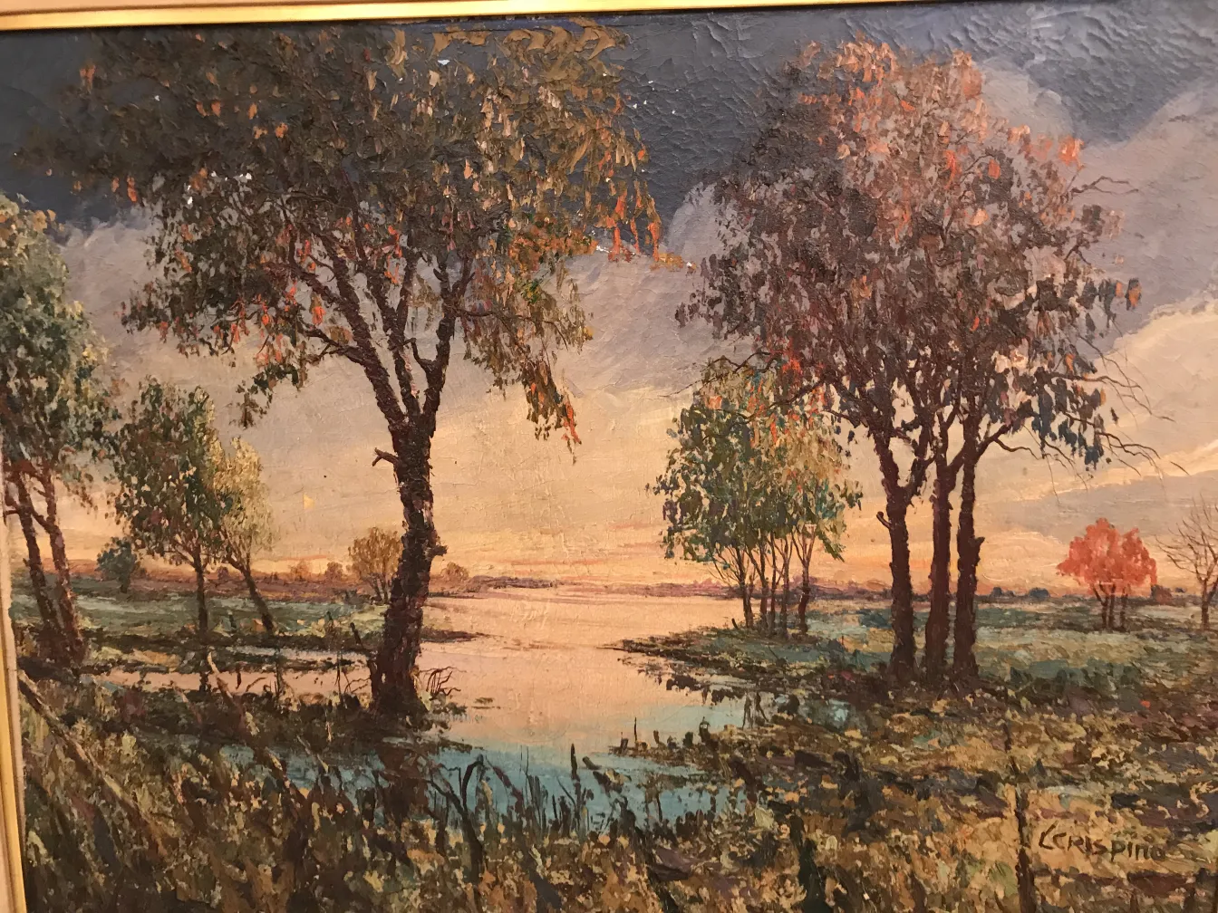 Pintura antigua de paisaje natural con árboles y agua.