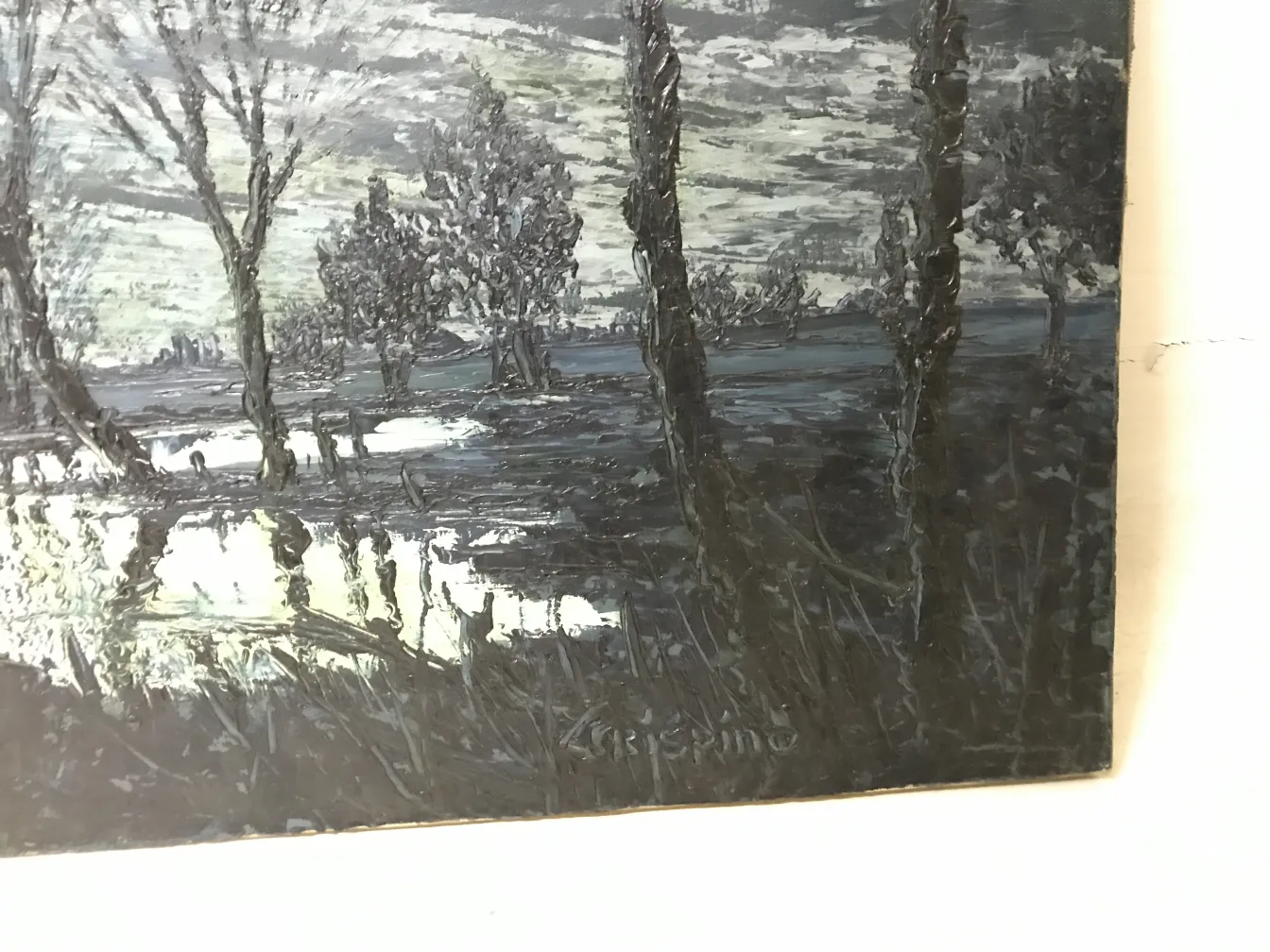 antique Crispino painting featuring a dark landscape with trees