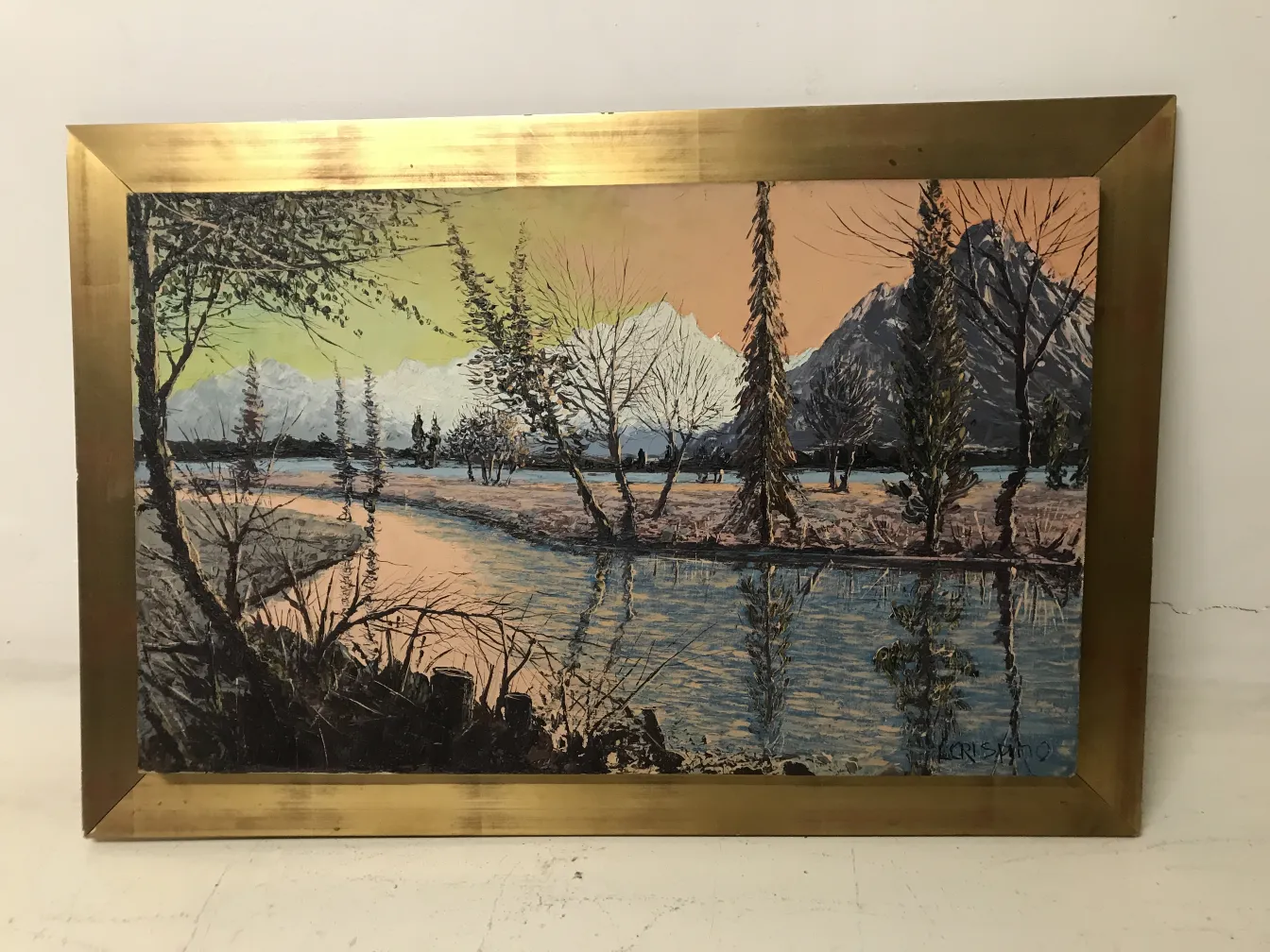 Pintura antigua de Crispino que presenta un paisaje natural con árboles y agua.