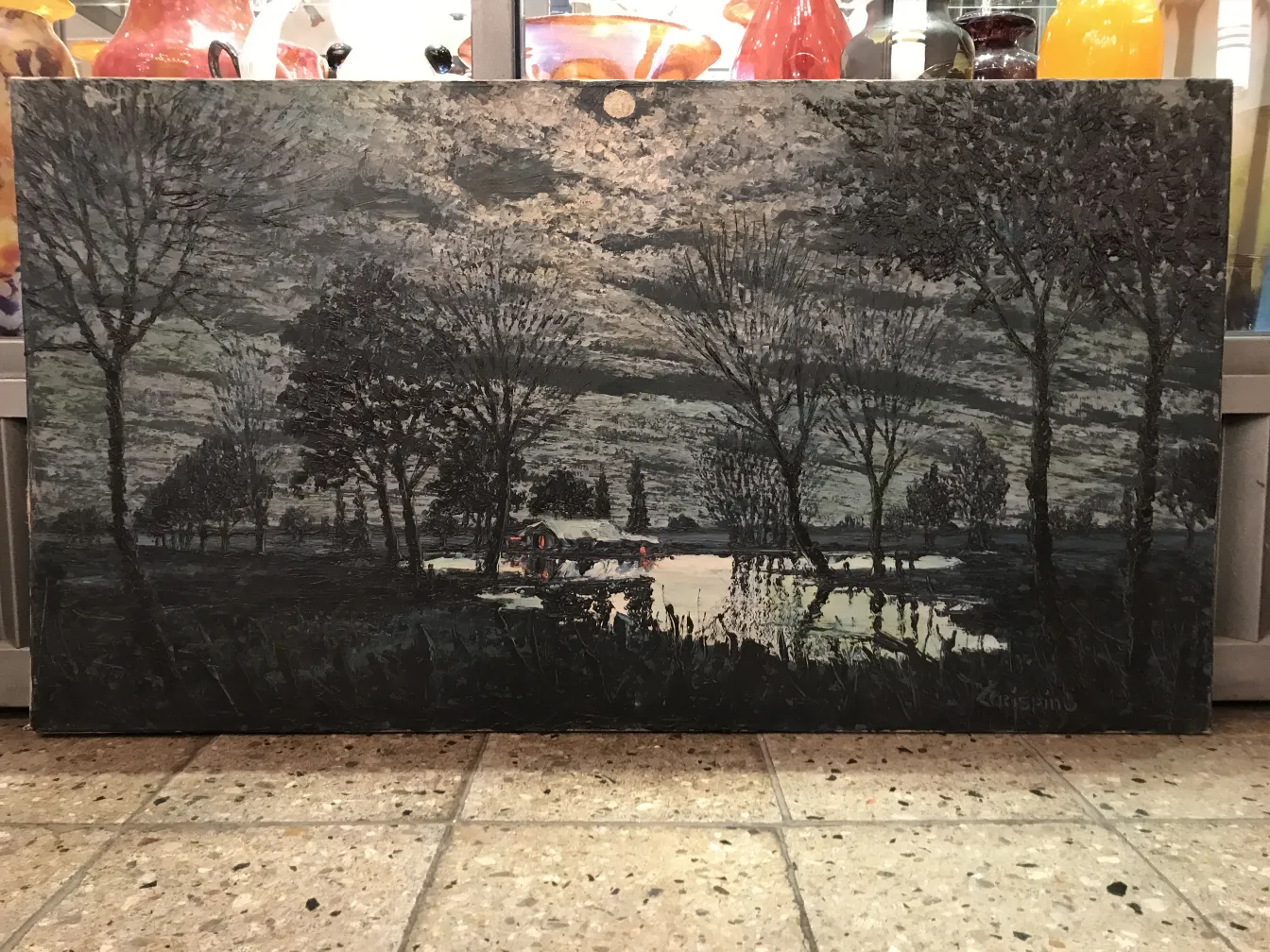 crispino gemälde in dunklen tönen mit landschaft und spiegelungen