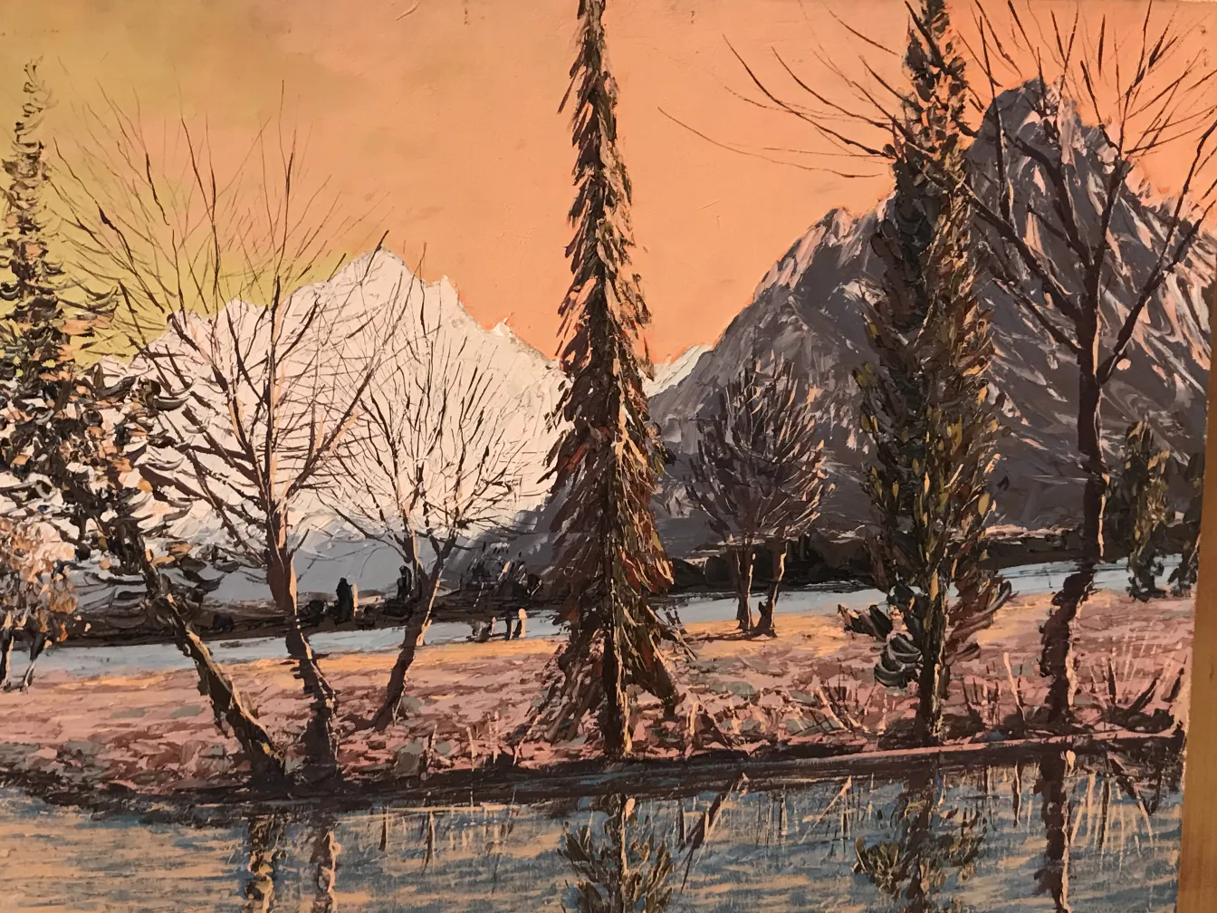 antigua pintura crispino mostrando montañas y árboles en un paisaje