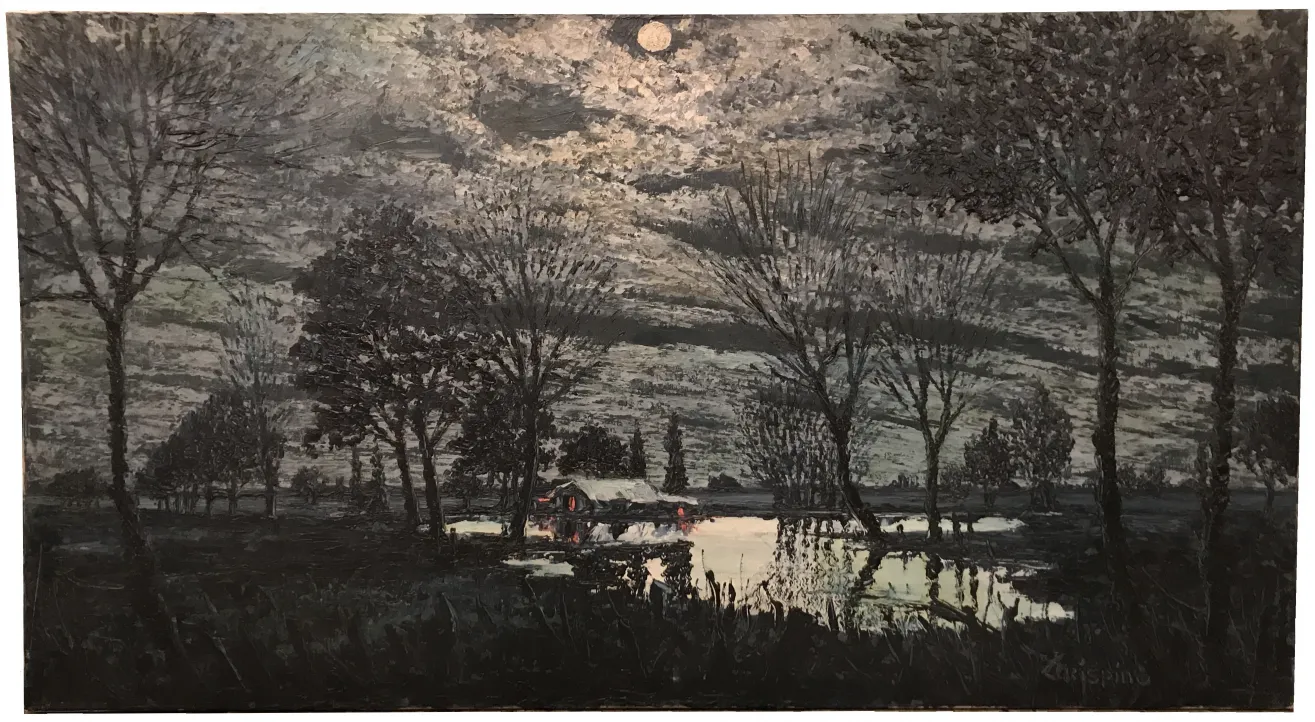 antike Nachtlandschaft mit Bäumen und Wasser