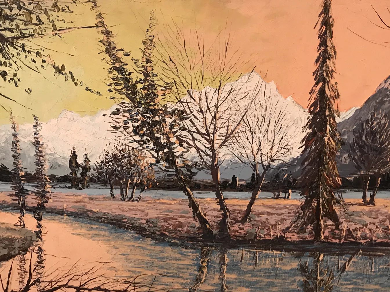 pintura crispino de uma paisagem com montanhas e árvores