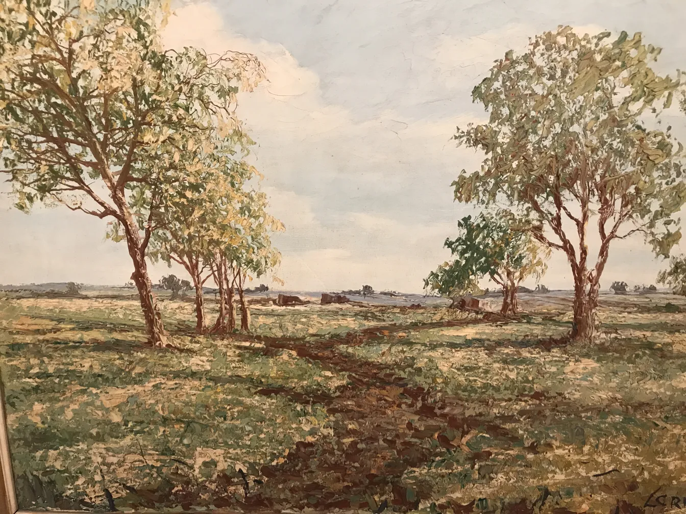 古い絵画 crispino 風景と緑の木々