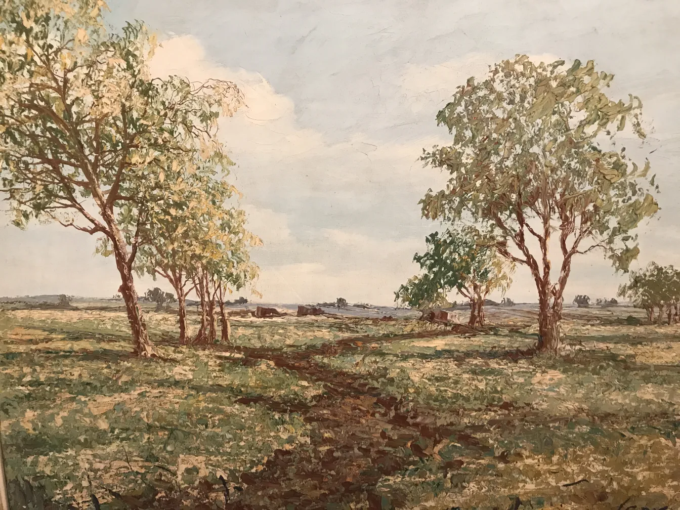 Peinture Crispino montrant un paysage avec des arbres dans un cadre ouvert.