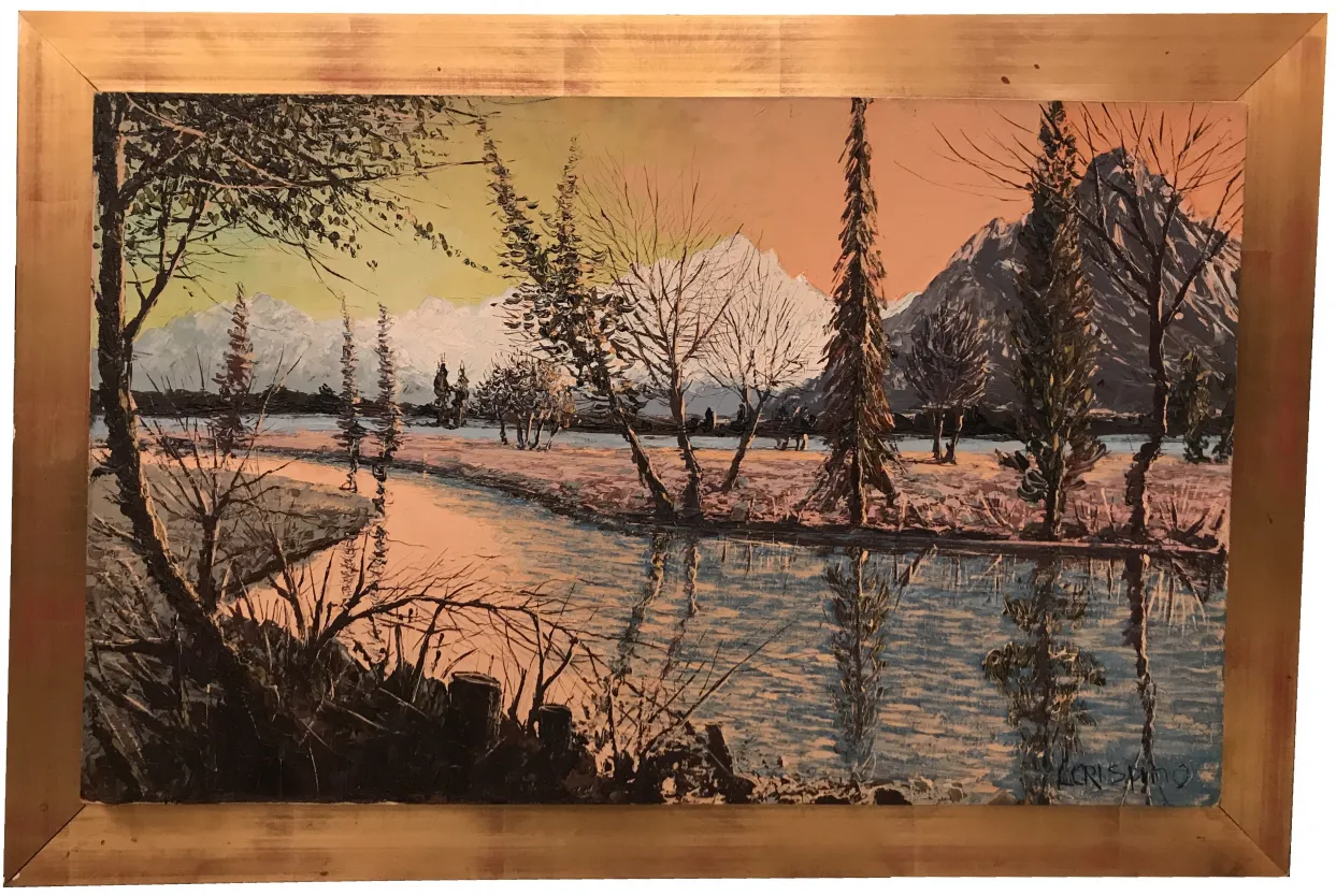 Antikes Gemälde Crispino einer Landschaft mit Bäumen und Wasser