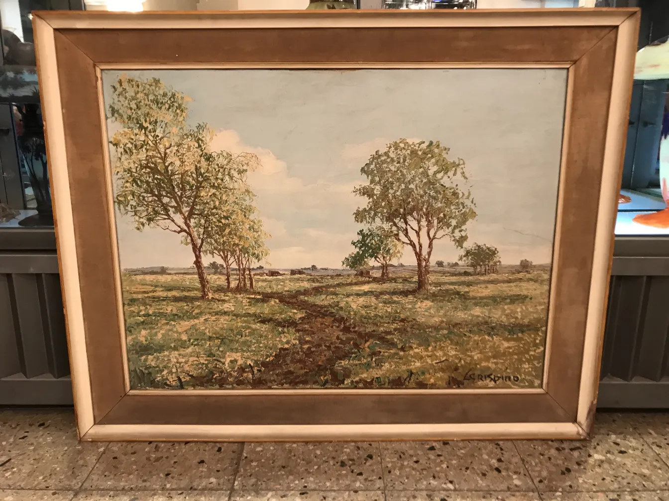 Pintura antigua de Crispino con paisaje y árboles verdes