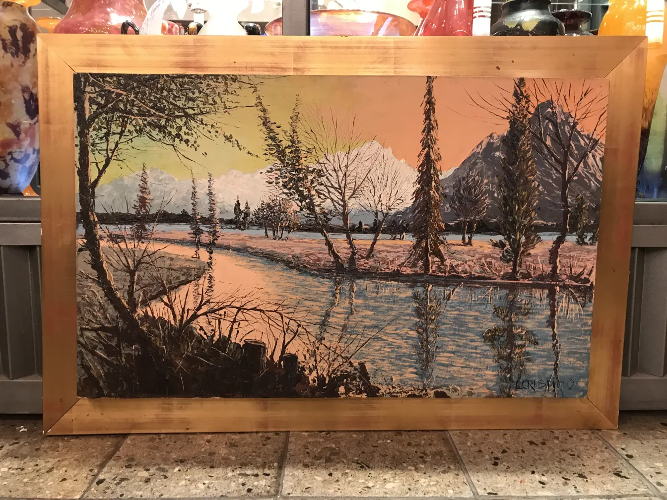 自然の風景のアンティーク絵画、山や木があります