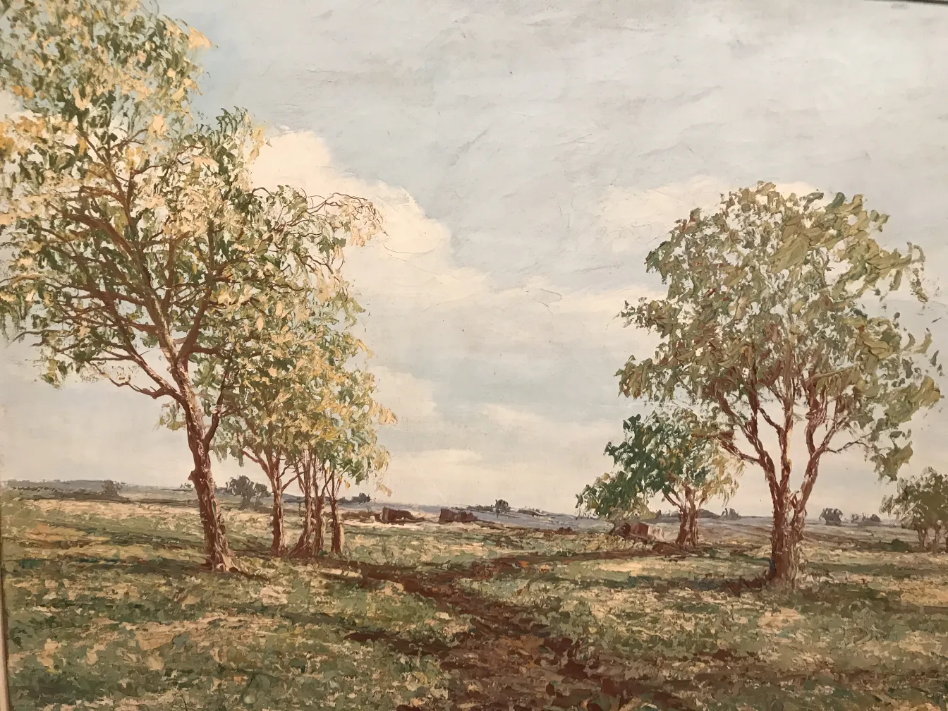 pintura antigua de Crispino con paisaje de árboles verdes