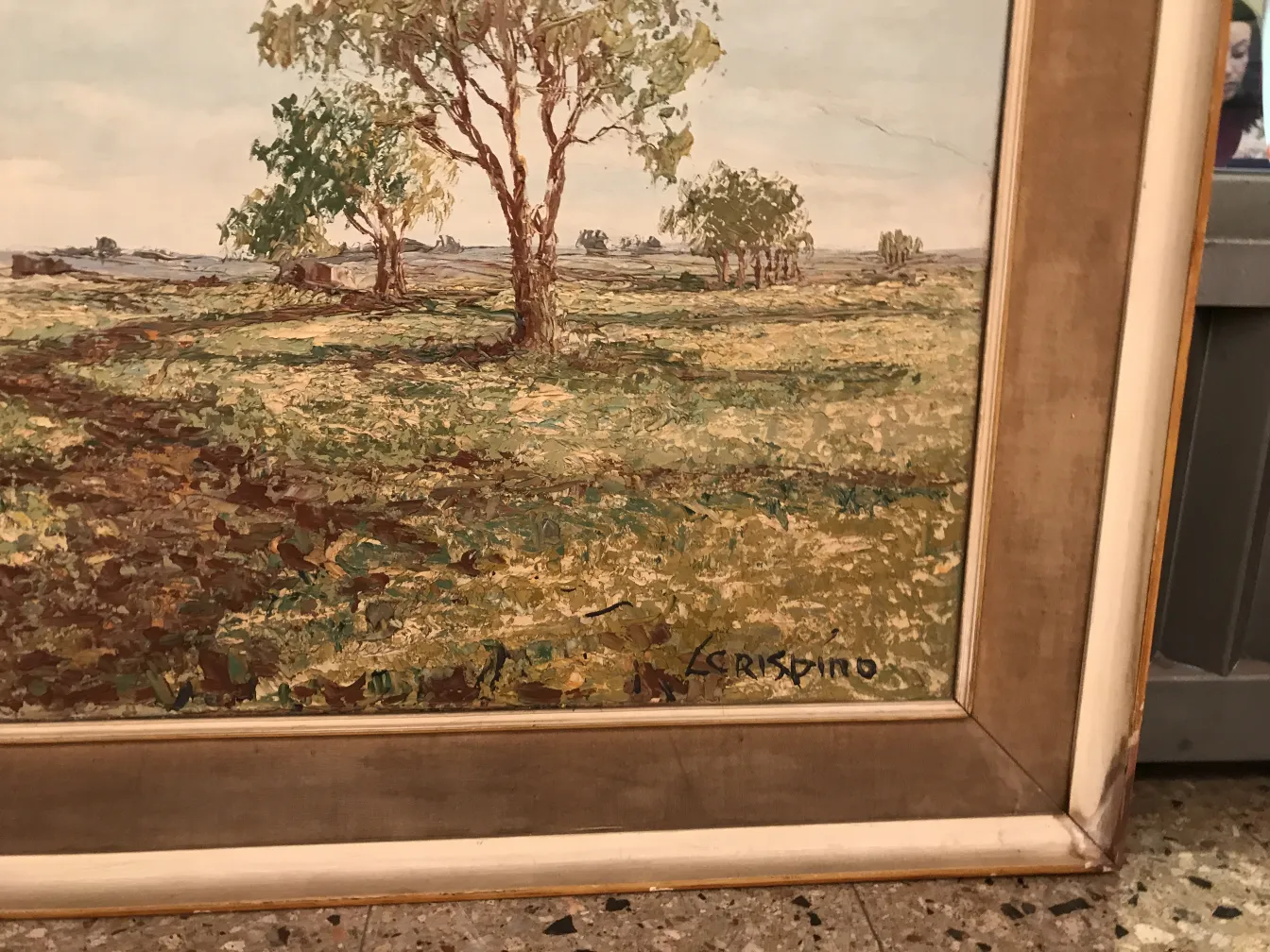 Antica pittura di paesaggio con alberi e cielo limpido.