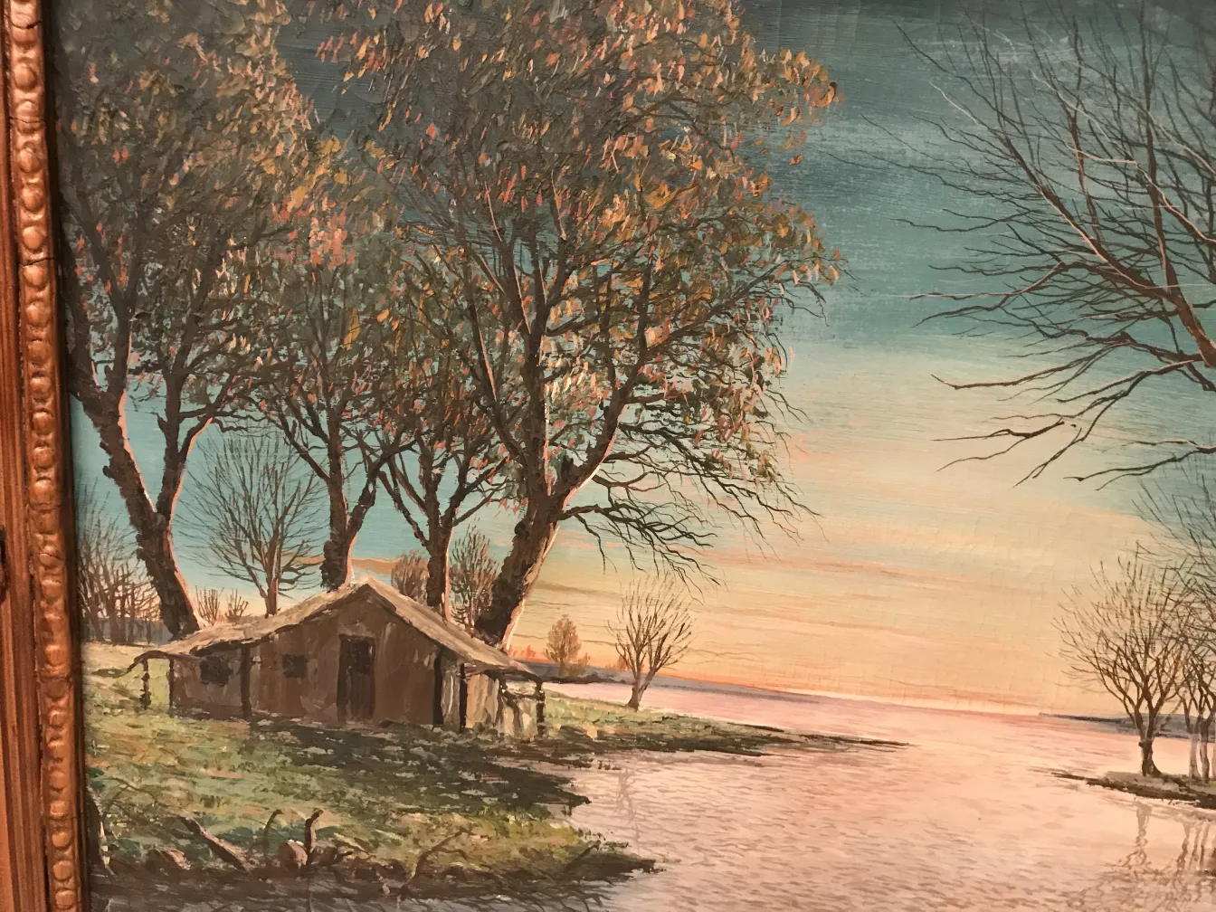 antique painting of a landscape with trees and water