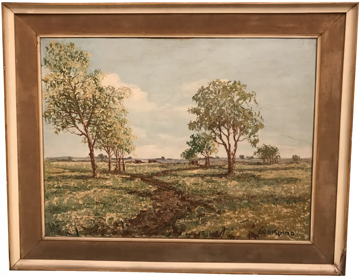 antique painting of landscape with trees and path