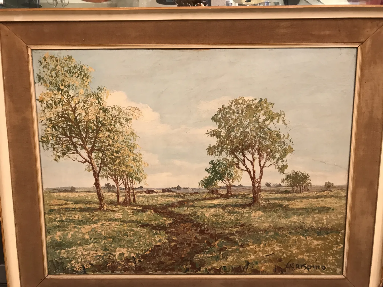 Pintura Crispino de antigüedad, paisaje verde con árboles