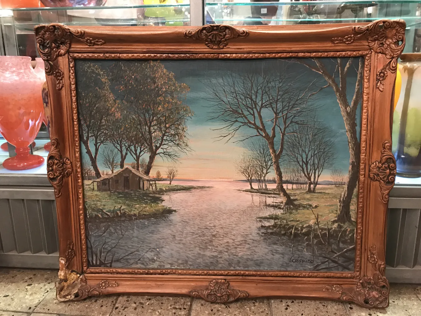 peinture ancienne d'un paysage avec des arbres et de l'eau