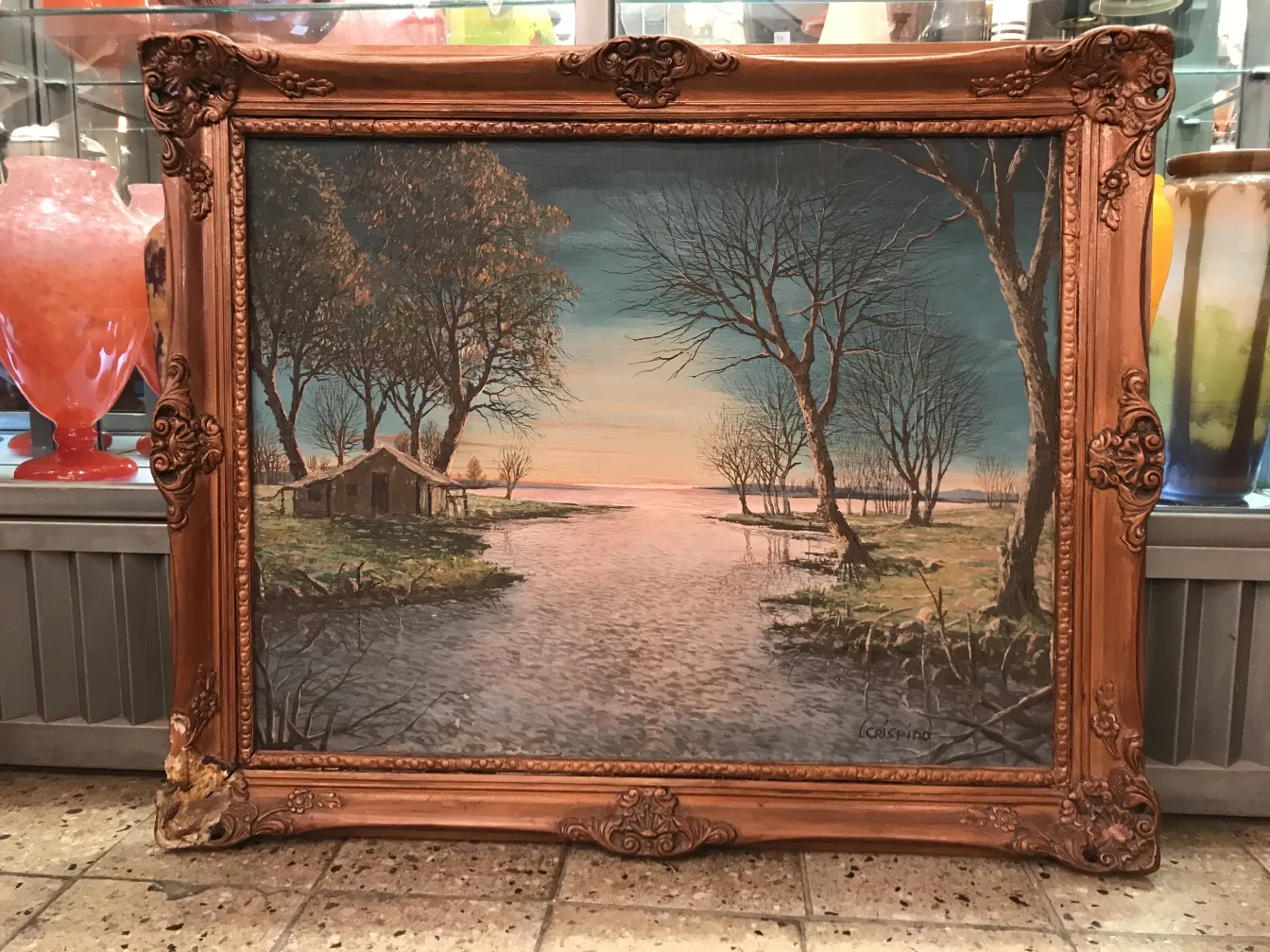 風景の古い絵、木と水を含む