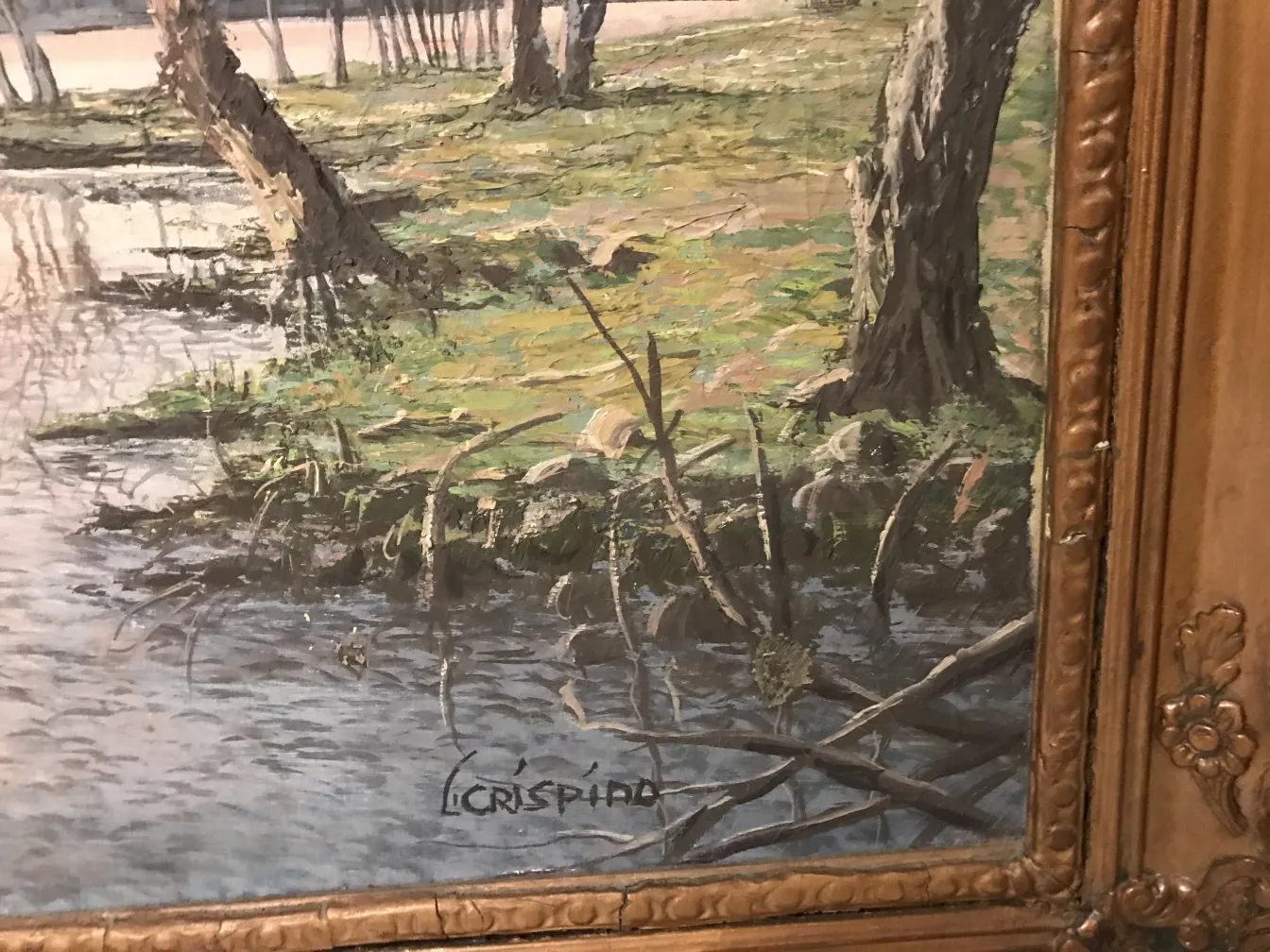 Ancient painting by Crispino depicting a natural landscape with trees and water.