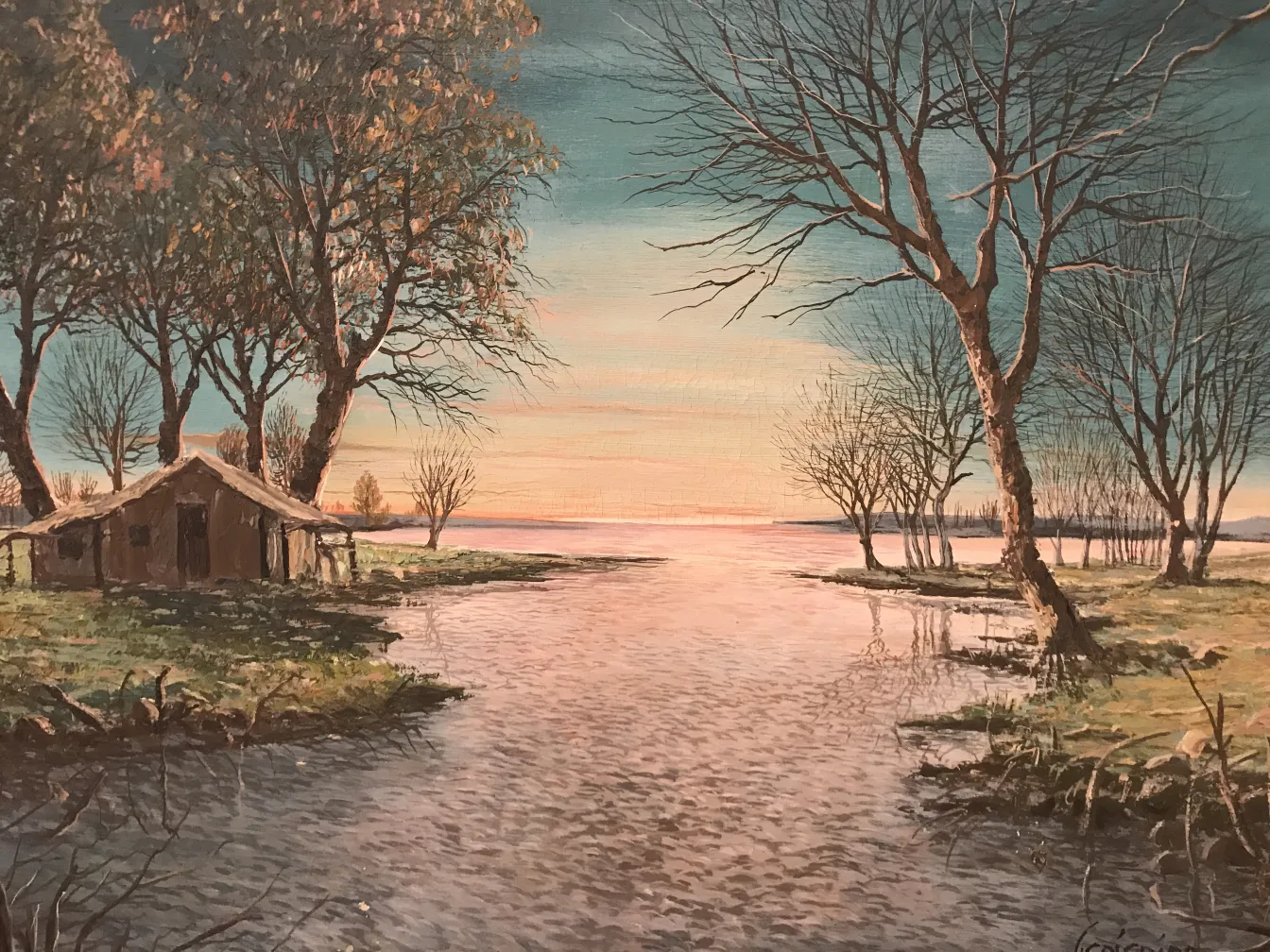 Gemälde Crispino zeigt eine Landschaft mit einem Fluss, Bäumen und einem alten Haus