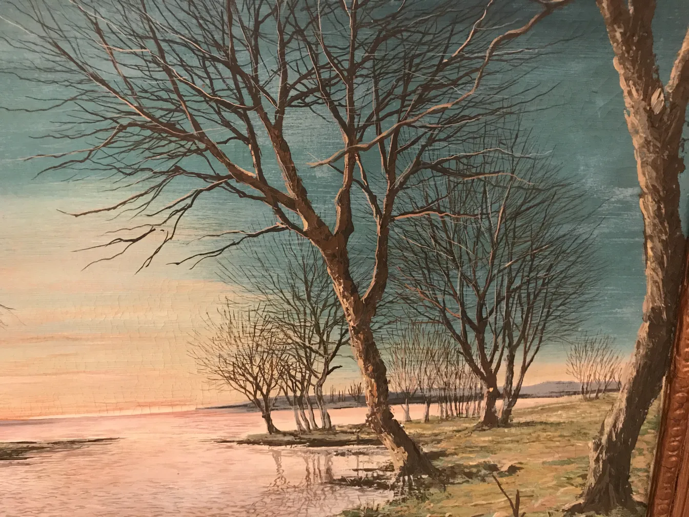 Antico dipinto Crispino di un paesaggio con alberi e fiume