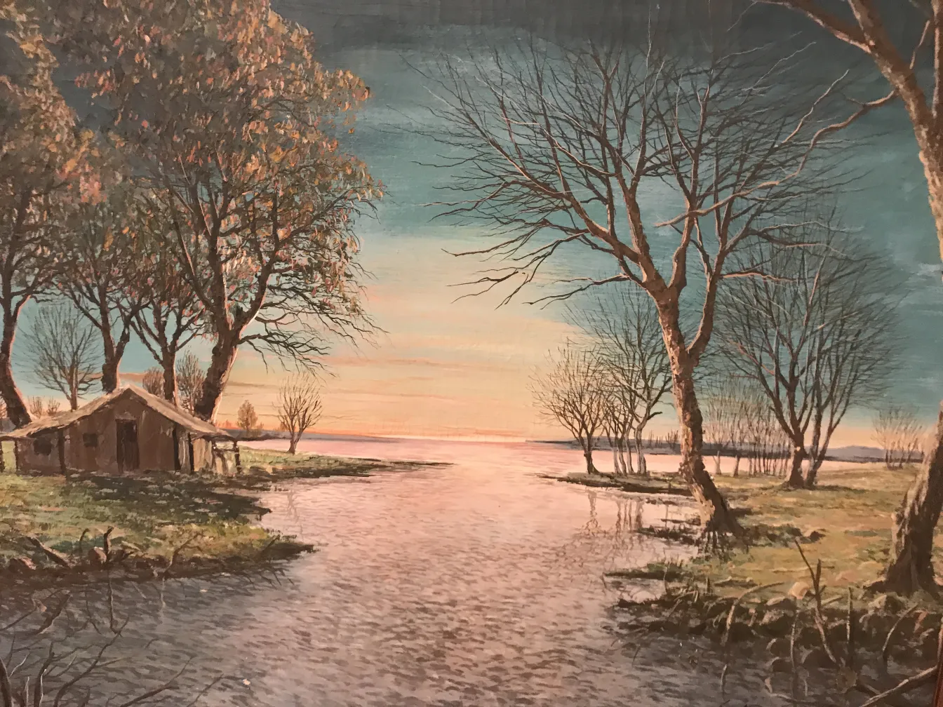 Pittura antica Crispino con paesaggio al tramonto e alberi.