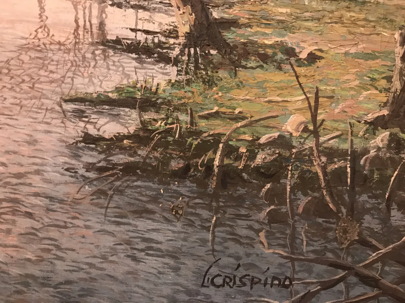 pintura antiga Crispino com paisagens naturais e reflexos